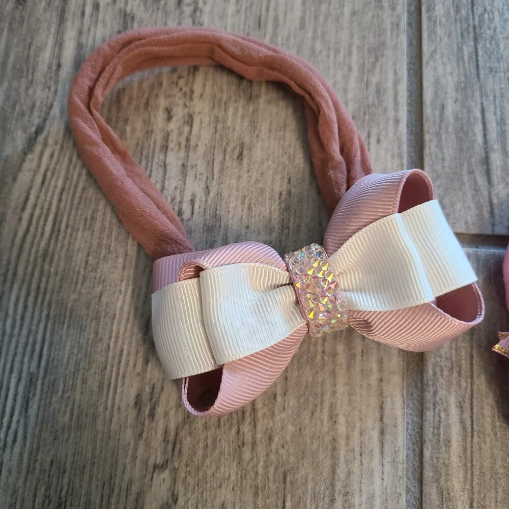 Handmade Baby Girl Headbands with Bows – Pink & White Ribbon Accent (2)